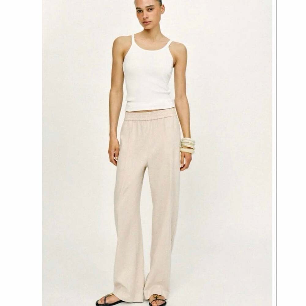 Zara Linen Blend Wide Leg Pants Beige Oatmeal Elastic Waist Size M EUC